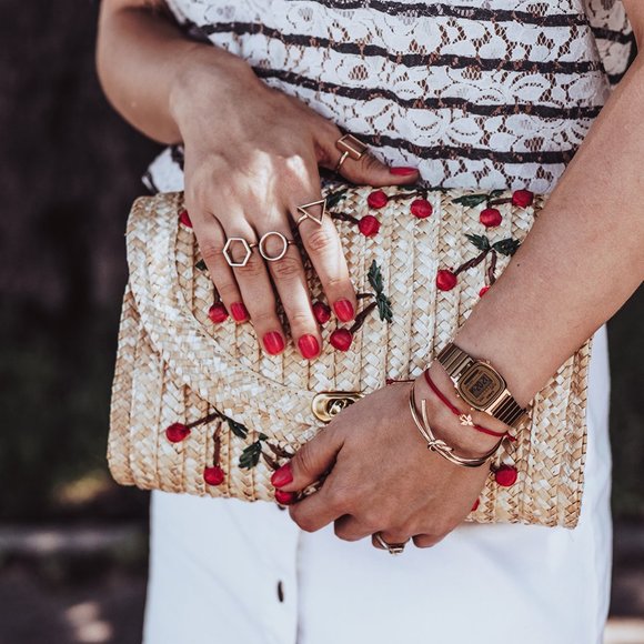 Cherry Straw Cross Body Purse with Chain - Picture 2 of 7
